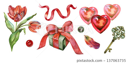 Romantic watercolor collection featuring heart-shaped balloons, a gift box with a red silk ribbon, and a lush tulip bouquet. This hand-painted set is perfect for Valentine's Day and anniversary 137063735