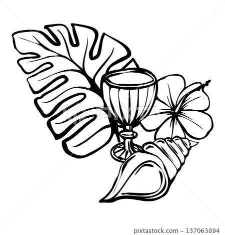 Tropical summer vector illustration featuring monstera leaf, hibiscus flower, seashell and cocktail glass in bold black line art. for beach branding, resort, bar menu, summer posters, vacation design Tropical summer vector illustration featuring monstera leaf, hibiscus flower, seashell and cocktail glass in bold black line art. for beach branding, resort, bar menu, summer posters, vacation design 137063894