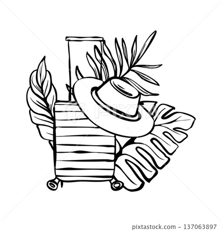 Summer travel vector illustration with suitcase, hat and tropical leaves in bold line art style. Perfect for tourism branding, vacation advertising, travel posters, packaging and holiday design 137063897