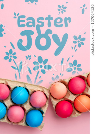 Easter celebration with colored eggs and festive decoration on a pink background Easter celebration with colored eggs and festive decoration on a pink background 137064126