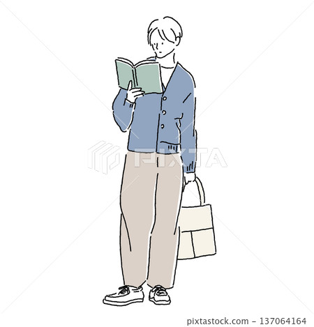 一位男士在看書，手拿手提袋的休閒時尚插畫 137064164