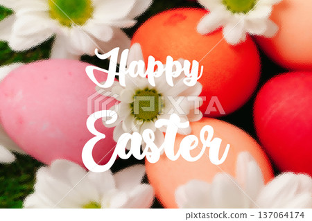 Colorful Easter eggs and flowers on a green background for celebration in spring 137064174