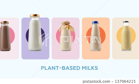 Variety of plant based milks displayed on a simple background for a fun Easter celebration Variety of plant based milks displayed on a simple background for a fun Easter celebration 137064215