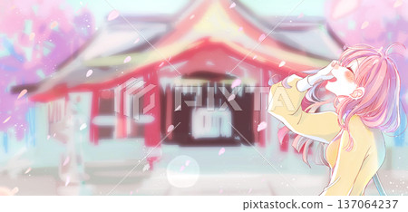 A woman with a healthy expression and a shrine in the background. Spring cherry blossoms falling like snow. A woman with a healthy expression and a shrine in the background. Spring cherry blossoms falling like snow. 137064237