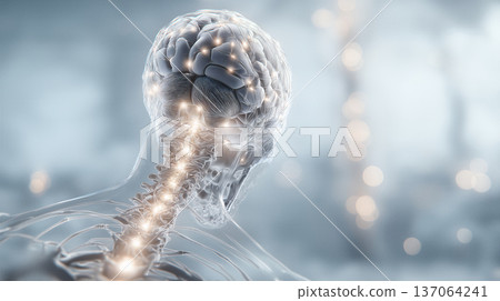 Glowing neural network imagery. Abstract visualization of emergent cognition through luminous brain network with delicate filaments 137064241