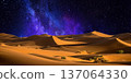 night landscape with desert dunes, starry sky and milky way in desert, abstract background. 137064330
