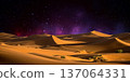 night landscape with desert dunes, starry sky and milky way in desert, abstract background. 137064331