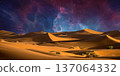 night landscape with desert dunes, starry sky and milky way in desert, abstract background. 137064332