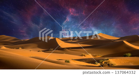 night landscape with desert dunes, starry sky and milky way in desert, abstract background. night landscape with desert dunes, starry sky and milky way in desert, abstract background. 137064332