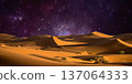 night landscape with desert dunes, starry sky and milky way in desert, abstract background. 137064333