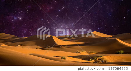 night landscape with desert dunes, starry sky and milky way in desert, abstract background. night landscape with desert dunes, starry sky and milky way in desert, abstract background. 137064333