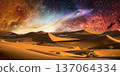 night landscape with desert dunes, starry sky and milky way in desert, abstract background. 137064334