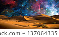 night landscape with desert dunes, starry sky and milky way in desert, abstract background. 137064335