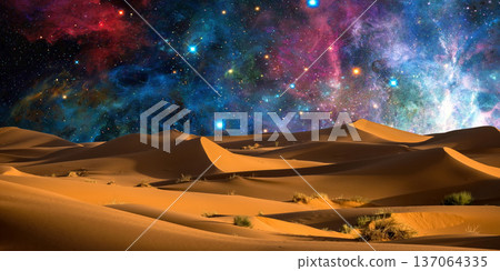 night landscape with desert dunes, starry sky and milky way in desert, abstract background. 137064335