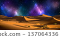 night landscape with desert dunes, starry sky and milky way in desert, abstract background. 137064336
