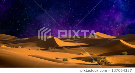 night landscape with desert dunes, starry sky and milky way in desert, abstract background. 137064337