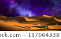 night landscape with desert dunes, starry sky and milky way in desert, abstract background. 137064338