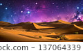 night landscape with desert dunes, starry sky and milky way in desert, abstract background. 137064339