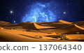 night landscape with desert dunes, starry sky and milky way in desert, abstract background. 137064340