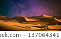 night landscape with desert dunes, starry sky and milky way in desert, abstract background. 137064341