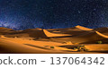 night landscape with desert dunes, starry sky and milky way in desert, abstract background. 137064342