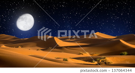 night landscape with desert dunes, starry sky and milky way in desert, abstract background. night landscape with desert dunes, starry sky and milky way in desert, abstract background. 137064344