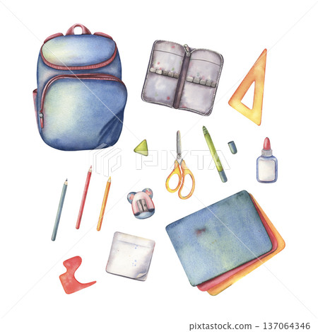Backpack, case, scissors, pencils, sharpener, marker, eraser, glue, ruler, paper stack. Hand-painted watercolor illustration, set isolated on white for branding, education materials, poster, packaging 137064346