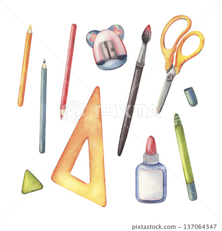 Stationery set, scissors, pencils, sharpener, brush, marker, eraser, glue, ruler. Hand-painted watercolor illustration isolated on white for branding, education designs, planners, posters, packaging Stationery set, scissors, pencils, sharpener, brush, marker, eraser, glue, ruler. Hand-painted watercolor illustration isolated on white for branding, education designs, planners, posters, packaging 137064347