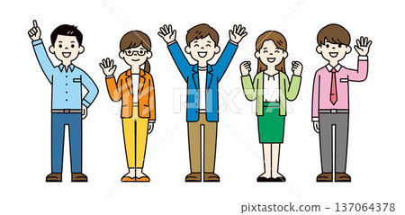 一組多位面帶微笑的年輕商務人士在辦公室或公司工作的全身向量插圖。 137064378