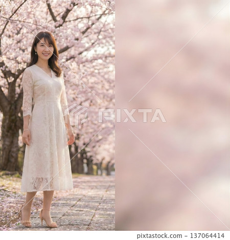 Copy space on the right side Cherry blossom trees and a Japanese woman in her 20s in a white dress Spring advertising material Copy space on the right side Cherry blossom trees and a Japanese woman in her 20s in a white dress Spring advertising material 137064414