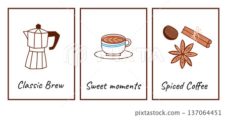 Aesthetic coffee posters with cinnamon sticks, moka pot and star anise for cafe interior design. 137064451