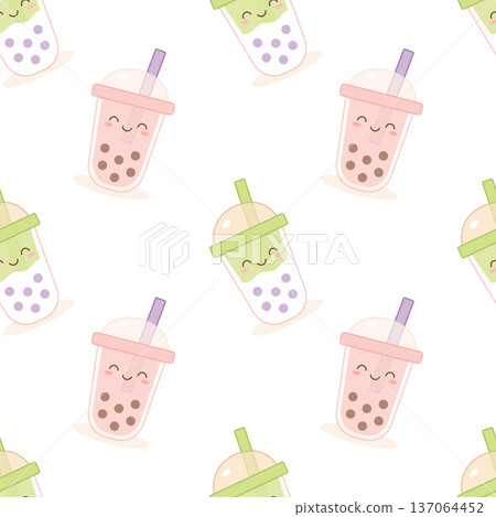 Seamless pattern with bubble tea cups and boba drink icons for cute cafe wallpaper or textile. 137064452