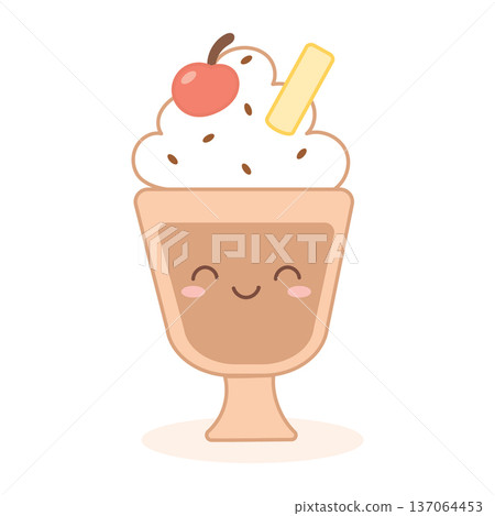 Cute milkshake dessert in a glass with whipped cream, sweet cherry and chocolate topping. Cute milkshake dessert in a glass with whipped cream, sweet cherry and chocolate topping. 137064453