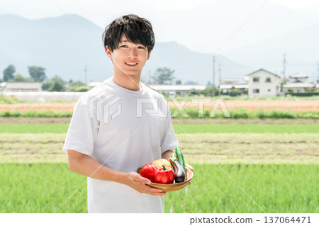 一位農民手持蔬菜（農民，夏季蔬菜，新鮮蔬菜，家鄉稅金繳納） 137064471