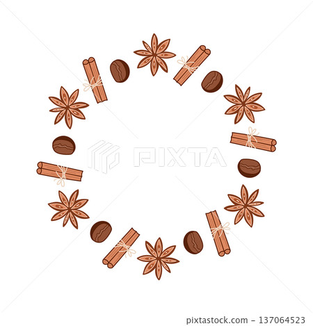 Coffee round frame with bean and spices, cinnamon. Coffee spices. Coffee round frame with bean and spices, cinnamon. Coffee spices. 137064523