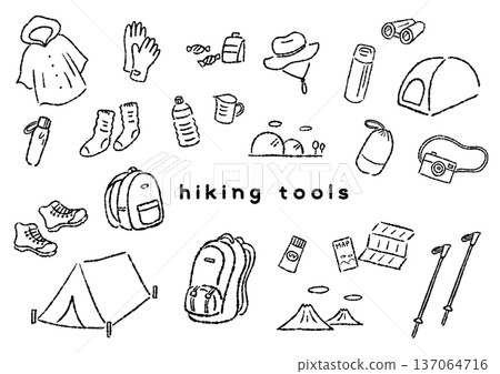 Set of monochrome line drawings of hiking equipment Set of monochrome line drawings of hiking equipment 137064716