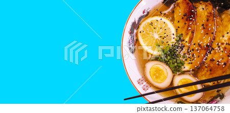 Japanese Chicken Ramen Noodle Soup Background for Banner or Menu Header Japanese Chicken Ramen Noodle Soup Background for Banner or Menu Header 137064758