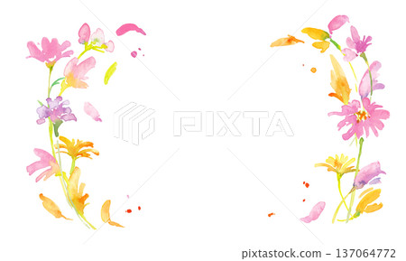 Watercolor painting. Spring pink and yellow flowers illustration with watercolor touch. Watercolor vector botanical frame. 137064772