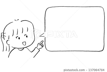 女孩用手指著方向，橫向對話框手繪線條插圖 137064784