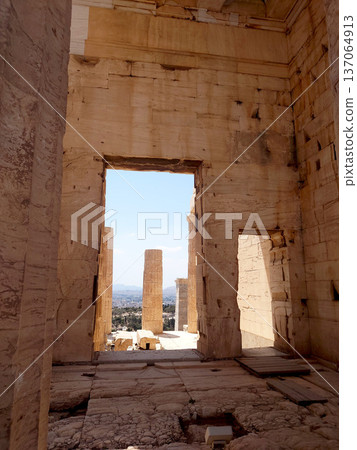 Ancient Acropolis Stone Doorway View in Athens Greece Ancient Acropolis Stone Doorway View in Athens Greece 137064913