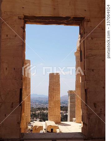 Ancient Acropolis Stone Doorway View in Athens Greece Ancient Acropolis Stone Doorway View in Athens Greece 137064914