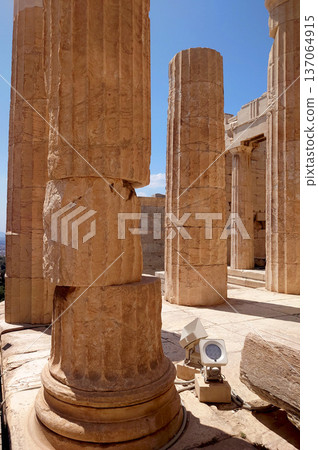 Ancient Acropolis Marble Columns Interior in Athens Greece 137064915