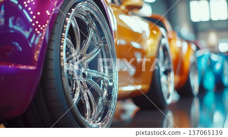 Stunning close-up of custom wheels on vibrant cars. Colors pop and shine in this appealing display. A showcase of automotive culture. Generative AI 137065139
