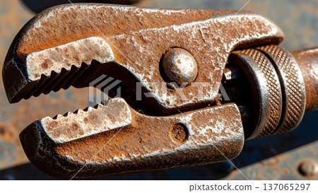 Close-Up of Rusty Heavy-Duty Steel Pipe Wrench Jaws with Textured Oxidation 137065297