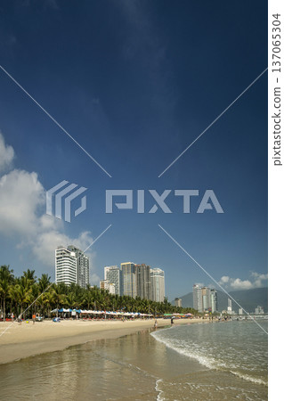 view of my khe beach tourist area in danang vietnam on sunny day 137065304