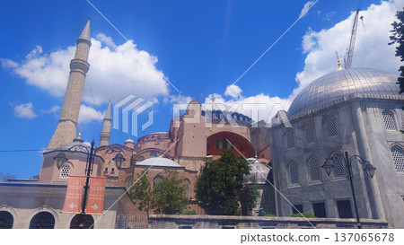 Hagia Sophia Mosque Exterior With Minarets and Blue Sky in Istanbul, Turkey Hagia Sophia Mosque Exterior With Minarets and Blue Sky in Istanbul, Turkey 137065678