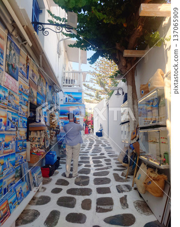 Narrow Street with Shops in Mykonos Greece Narrow Street with Shops in Mykonos Greece 137065909