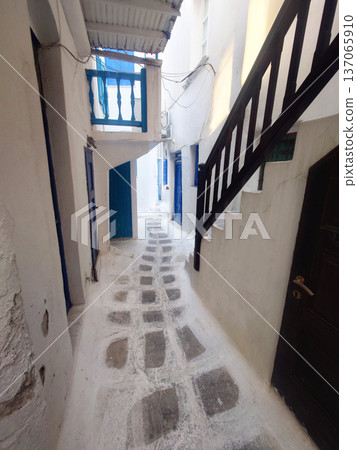 Narrow White Alley in Mykonos Greece Narrow White Alley in Mykonos Greece 137065910