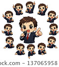 A deformed male character in a suit holding a microphone and pointing in various directions (transparent background) 137065958