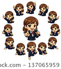A deformed female character in a suit holding a microphone and pointing in various directions (transparent background) 137065959